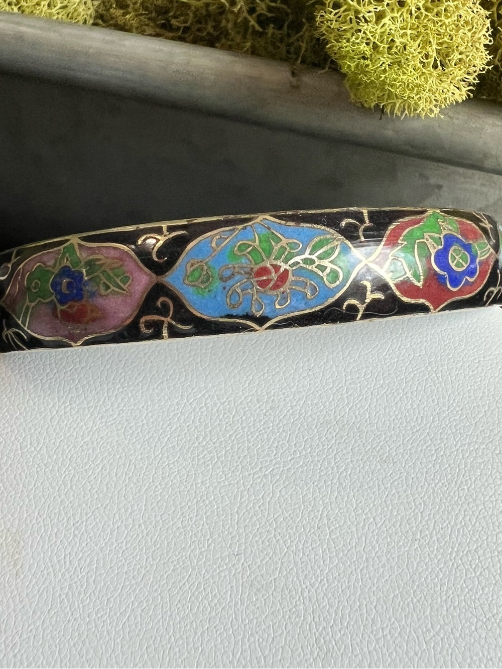 Vintage Estate Flower Leaves Black Cloisonné Enamel Wide Bangle Bracelet - Picture 13 of 14